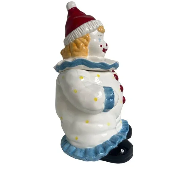 Vtg Ceramic Blond Clown Cookie Jar Red HatPolka Dot Outfit Stars Puppy Thailan